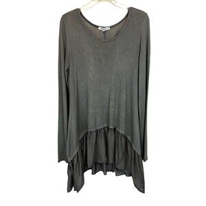 Tempo Paris Tunic Top  Women's S  Boho Lagnelook Charcoal Knit w Woven Ruffle